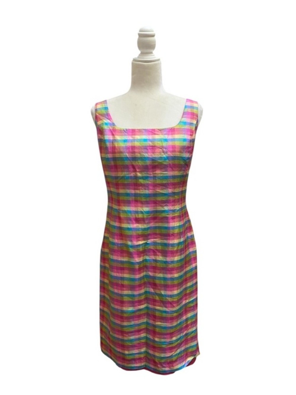 Evan Picone Womens Pink Plaid 100% Silk Shift Dress Easter Church